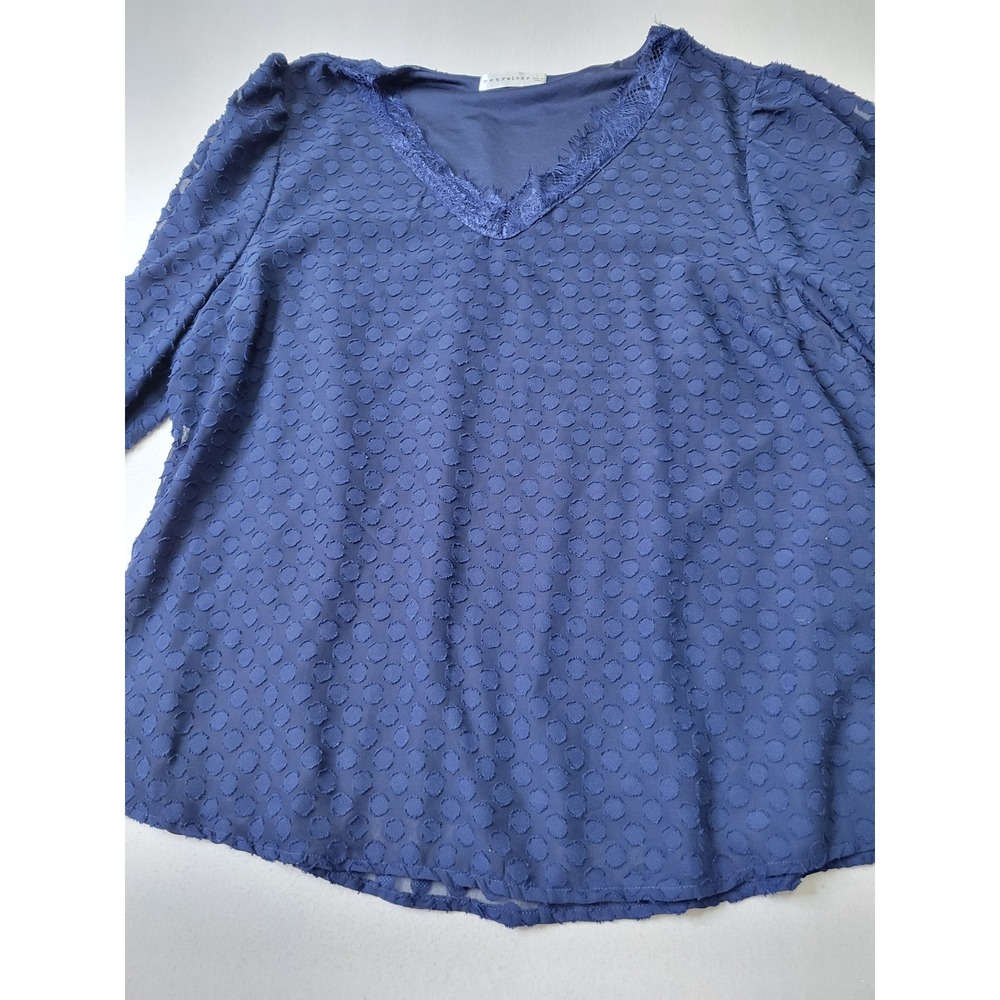 Retrology Navy Blue Swiss Dot Lace V-Neck Blouse 3/4 Sleeve Large 1028